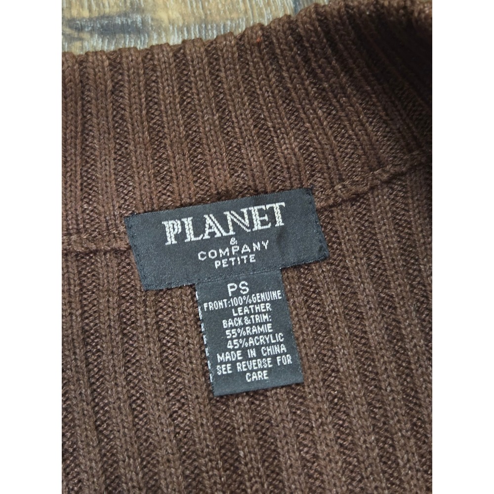 Planet & Company Petite Leather Patchwork Sweater Vest Brown Multi Full Zip PS - Picture 2 of 3